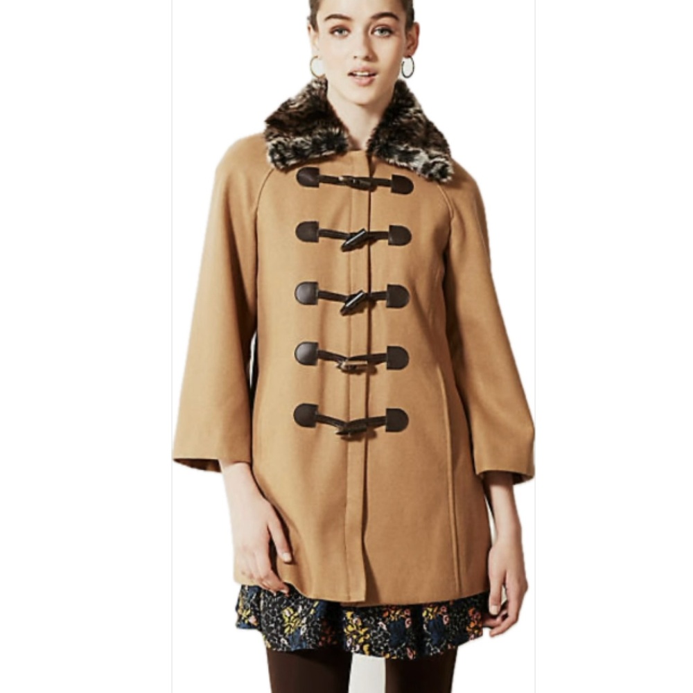 Anthropologie Melton Wool Blend Pea Cape Coat Faux Fur Collar Camel Size 6